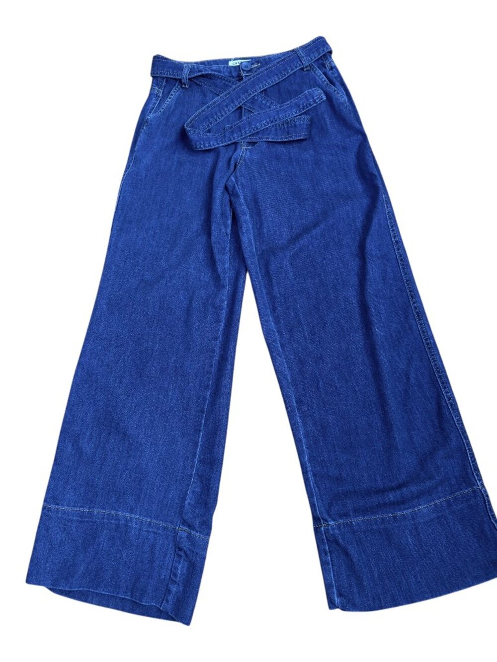 Oat NY Jeans Cloud Lux Denim High Rise Wide Leg Dark Wash Crop Tie Waist (26)